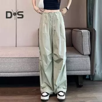 Женские брюки-карго с эластичной резинкой на талии, регулируемые на шнурке брюки для скалолазания, однотонные прямые широкие брюки для альпинизма S зелёный