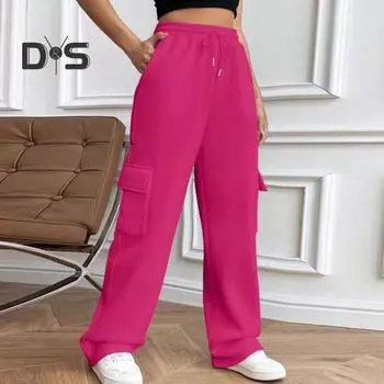 Женские брюки-карго с эластичной талией, регулируемые на шнурке, прямые, широкие брюки, однотонные, спортивные, длинные брюки S светло-серый