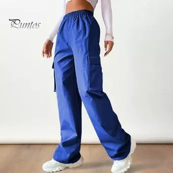 Женские брюки-карго с эластичной талией, широкие однотонные брюки, повседневные спортивные штаны с боковым карманом-клапаном S светло-серый