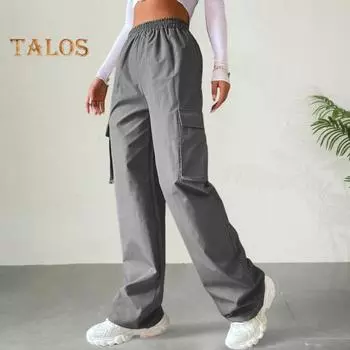 Женские брюки-карго с эластичной талией, широкие однотонные брюки, повседневные спортивные штаны с боковым карманом-клапаном S светло-серый
