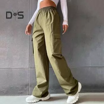 Женские брюки-карго с эластичной талией, широкие однотонные брюки, повседневные спортивные штаны с боковым карманом-клапаном S синий