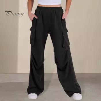 Женские брюки-карго с эластичной талией, средней посадки, прямые, широкие, со множеством карманов, однотонные повседневные брюки для бега, свободные брюки для отдыха S чёрный