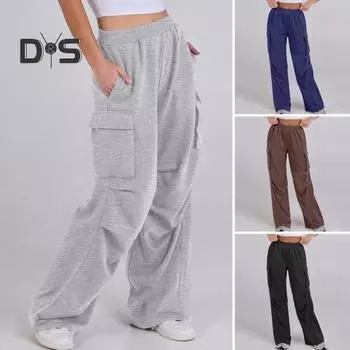 Женские брюки-карго с эластичной талией, средней посадки, прямые, широкие, со множеством карманов, однотонные повседневные брюки для бега, свободные брюки для отдыха S темно-серого