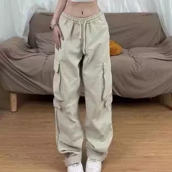 Женские брюки-карго с эластичным поясом и шнурком в стиле ретро, однотонные прямые широкие брюки, повседневные длинные брюки, уличная одежда M абрикосовый