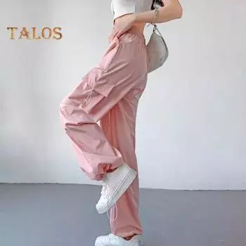 Женские брюки-карго с эластичным поясом и регулируемой завязкой, дизайн с высокой талией, спортивные брюки, однотонные широкие брюки с несколькими карманами L серый