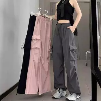 Женские брюки-карго с эластичным поясом и регулируемой завязкой, дизайн с высокой талией, спортивные брюки, однотонные широкие брюки с несколькими карманами L серый