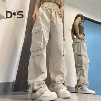 Женские брюки-карго с эластичным поясом и шнурком в стиле ретро, однотонные прямые широкие брюки, повседневные длинные брюки, уличная одежда M абрикосовый