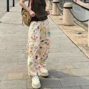 Женские брюки-карго с цветочным принтом и множеством карманов, широкие брюки Y2k для женщин XXL абрикосовый