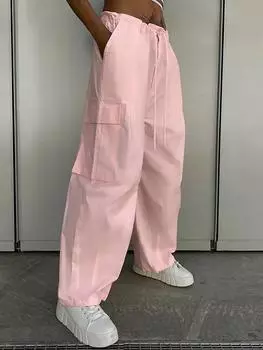 Женские брюки-карго с низкой талией, широкие брюки с парашютом, повседневные винтажные женские брюки с карманами, весна-лето 2023, мешковатые спортивные штаны на шнурке S розовый