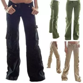 Женские брюки-карго с однотонными карманами и низкой талией, свободные расклешенные брюки