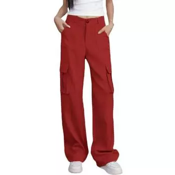 Женские брюки карго с высокой посадкой, на пуговице и молнии, повседневные, однотонные, свободного кроя, с многокарманным дизайном, длинные L