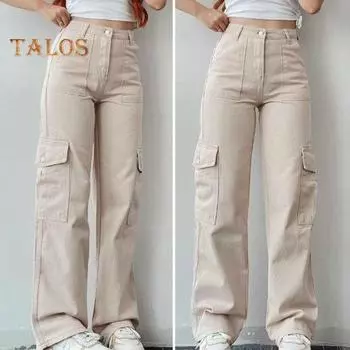Женские брюки-карго с высокой талией на пуговицах на молнии с несколькими карманами, прямые длинные брюки, однотонные брюки, уличная одежда M армия зеленый