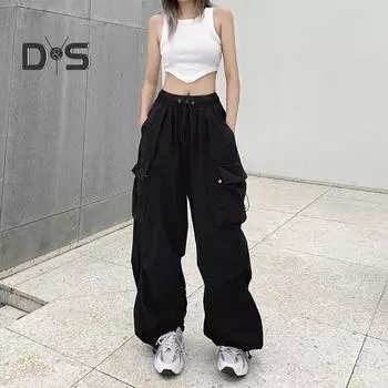 Женские брюки-карго с высокой талией, объемные, с несколькими карманами, быстросохнущие, однотонные, со шнурком, полной длины, с резинкой на щиколотке, в стиле хип-хоп, женские уличные брюки S розовый