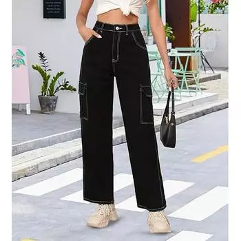 Женские брюки-карго с высокой талией, прямые широкие брюки с карманами с клапаном, мешковатые брюки-карго, свободные брюки Y2K L