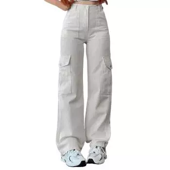 Женские брюки-карго со средней посадкой, застегивающиеся на молнию на талии, повседневные брюки с множеством карманов, прямые, свободные, однотонные длинные брюки M светло-серый