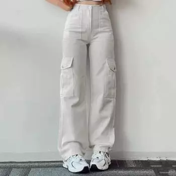 Женские брюки-карго со средней посадкой, застегивающиеся на молнию на талии, повседневные брюки с множеством карманов, прямые, свободные, однотонные длинные брюки M светло-серый