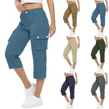 Женские брюки-карго свободного покроя с завязками на талии, летние повседневные легкие брюки 3/4 с карманами M бежевый