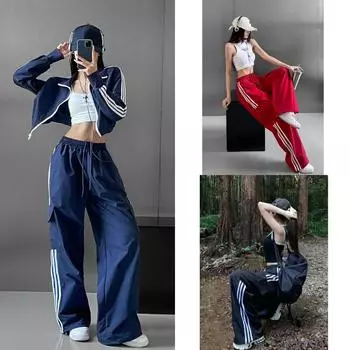 Женские брюки-карго в полоску в стиле пэчворк, уличная одежда в американском стиле, свободные широкие брюки Y2K, женские спортивные штаны в стиле хип-хоп S красный