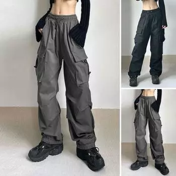 Женские брюки-карго в стиле хип-хоп, уличная одежда с несколькими карманами, свободные однотонные брюки с высокой талией, мягкие дышащие прямые широкие брюки со складками, длинные брюки M серый