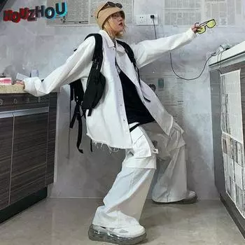 Женские брюки-карго в стиле панк с цепочкой. Уличная одежда в стиле хип-хоп. Мешковатые корейские дизайнерские брюки Harajuku с широкими штанинами для бега в клубном стиле. S слоновая кость