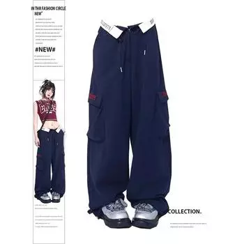 Женские брюки-карго, винтажные мешковатые широкие брюки Y2k в стиле 90-х годов в стиле Харадзюку, уличная одежда, мешковатые широкие брюки с высокой талией, одежда в стиле эмо 2000-х годов S синий