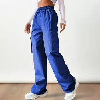 Женские брюки-карго Yousheng с эластичной талией, широкие однотонные брюки, повседневные спортивные штаны с боковым карманом-клапаном S синий