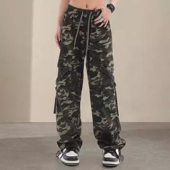 Женские брюки-карго Yousheng с камуфляжным принтом, множеством карманов, шнуровкой, длинные брюки, прямые широкие брюки High Street M