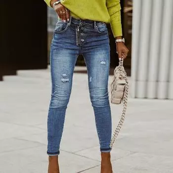 Женские брюки, карманы, пуговицы, женские брюки, черные джинсовые брюки S синий