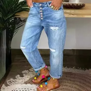 Женские брюки, карманы, пуговицы, женские брюки, черные джинсовые брюки S светло-синий