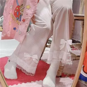Женские брюки Kawaii с высокой талией в японском стиле Лолита, милые кружевные широкие брюки с бантом, винтажная одежда для девочек, свободные милые брюки L белый