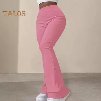 Женские брюки-клеш с широкими штанинами, эластичные брюки с высокой талией, однотонные ребристые брюки, расклешенные брюки однотонного цвета 2XL кофейный