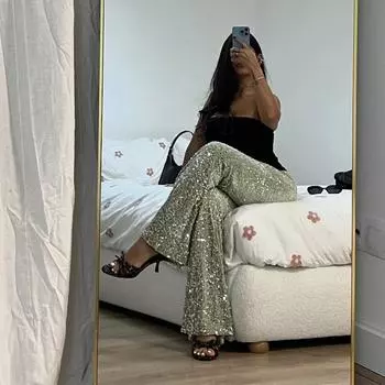 Женские брюки-клеш с высокой талией и пайетками, свободные облегающие брюки с застежкой-молнией, модные широкие брюки, блестящий шик, уличная одежда на осень-зиму XS зелёный