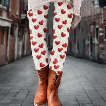 Женские брюки ко Дню святого Валентина с 3D-принтом, эластичные мягкие леггинсы, повседневные домашние пижамные брюки L бежевый