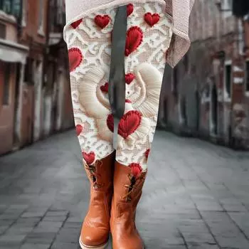 Женские брюки ко Дню святого Валентина с 3D-принтом, эластичные мягкие леггинсы, повседневные домашние пижамные брюки L бежевый