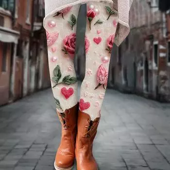 Женские брюки ко Дню святого Валентина с 3D-принтом, эластичные мягкие леггинсы, повседневные домашние пижамные брюки L бежевый