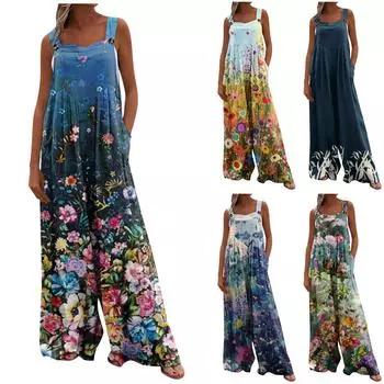 Женские брюки, комбинезон, модный повседневный комбинезон с боковыми карманами и цветочным принтом, нерегулируемый комбинезон на бретелях XL синий