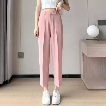 Женские брюки, костюмные брюки женские 2024 летние прямые свободные с высокой талией тонкие девятилетние маленькие повседневные серые универсальные брюки-сигареты XS