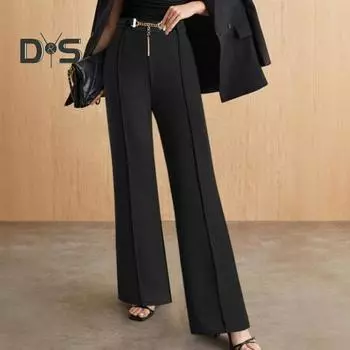 Женские брюки-костюмы с высокой талией, прямые, широкие, на молнии, с поясом, однотонные брюки S чёрный