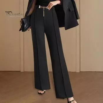 Женские брюки-костюмы с высокой талией, прямые, широкие, на молнии, с поясом, однотонные брюки S чёрный