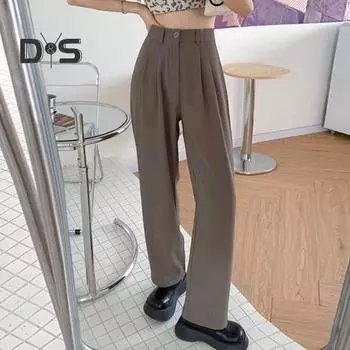 Женские брюки-костюмы с застежкой-молнией и высокой талией, длинные брюки, однотонные, прямые, широкие, женские офисные брюки S коричневый