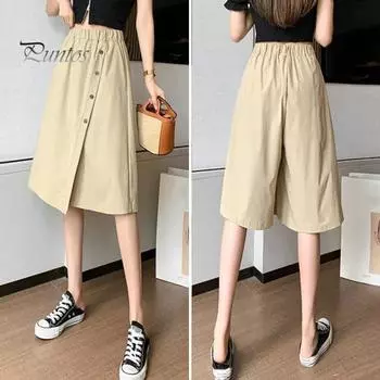 Женские брюки-кюлоты, эластичные широкие брюки с высокой талией, однотонная юбка, шорты длиной до колена, свободные короткие брюки, уличная одежда XL синий