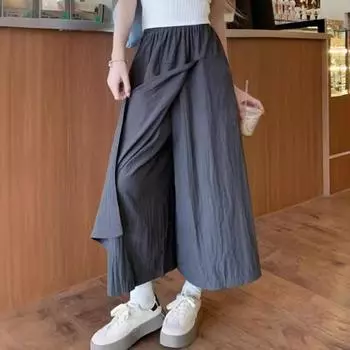 Женские брюки-кюлоты с эластичной высокой талией, широкие длинные брюки, однотонные свободные тонкие юбки, брюки, уличная одежда XL хаки