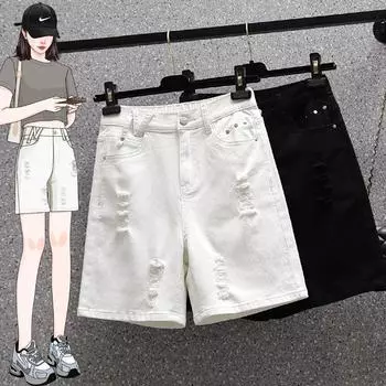 Женские брюки летние большие ярды эластичные джинсовые шорты с дырками высокая талия тонкие свободные широкие брюки Five-minute XL чёрный