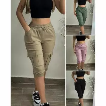 Женские брюки летние модные карманные с манжетами на завязках повседневные простые облегающие повседневные брюки длиной до колена L чёрный