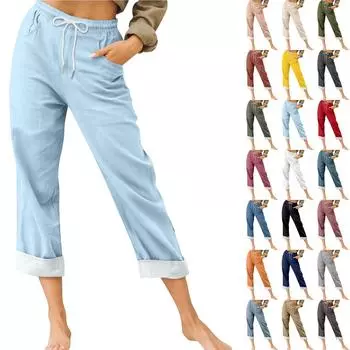 Женские брюки, летние широкие брюки, повседневные однотонные свободные брюки с высокой талией на шнурке и карманами