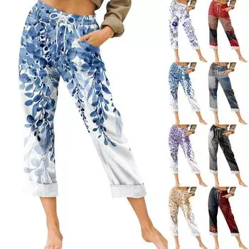 Женские брюки, летние широкие брюки, повседневные принты, свободные брюки с высокой талией на шнурке и карманами