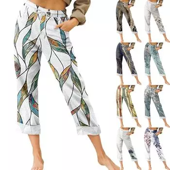 Женские брюки, летние широкие брюки, повседневные принты, свободные брюки с высокой талией на шнурке и карманами