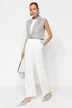 Женские брюки, модные новые сезонные брюки цвета экрю, широкие тканые брюки с высокой талией и широкими штанинами