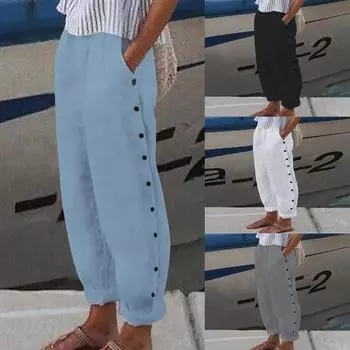 Женские брюки, модные однотонные повседневные брюки с эластичной резинкой на талии и пуговицами M чёрный