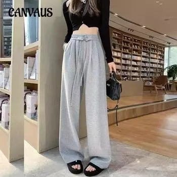Женские брюки модные однотонные с завязками и высокой талией свободные широкие брюки M серый